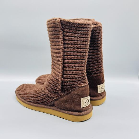 UGG Australia Boots Women 9 Brown Knit Suede Classic Cardy Casual Winter Pull On - Picture 3 of 10